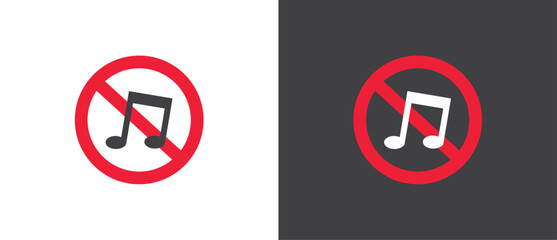 Sticker - Red Icon of No Music Traffic, Vector illustration of
 red crossed out circular no traffic sign with music icon inside. No horn symbol. No loud sound symbol icon in black and white background.