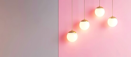 Sticker - Four wooden lights hang from the ceiling in a room with peach walls. The soft magenta tints and shades create a cozy atmosphere resembling a liquid circle in macro photography