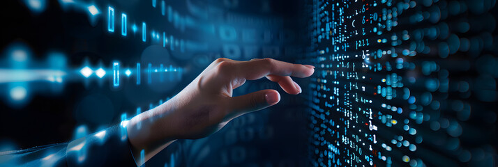digital data technology concept with a hand touching a digital screen and binary code background