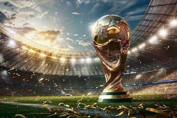 Golden trophy cup on the grass of the football stadium. Football World Cup