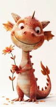 A Cute Cartoon Baby Dragon Holding A Flower In Its Mouth. The Dragon Is Smiling And He Is Happy. 3d Render Style, Children Cartoon Animation Style