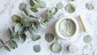 Discover the healing power of nature! Eucalyptus leaves and white mortar, used in traditional medicine and beauty rituals, offer a natural way to enhance wellness.