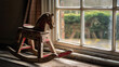A vintage wooden rocking horse placed beside a window,generations of children. 32k, full ultra hd, high resolution