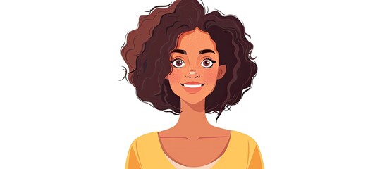 Wall Mural - The womans curly hair frames her face as she smiles, her bright yellow shirt contrasting with her facial expression. Her eyes sparkle with joy, and her eyebrows raise slightly in excitement