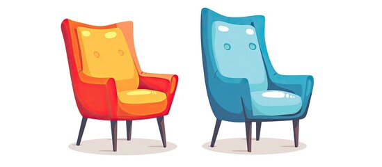 Sticker - Two chairs, one red and one blue, with armrests, are placed side by side on a white floor. This furniture adds a pop of color to the interior design of the room