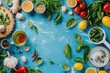Blue Tabletop Texture with Uncooked Ingredients for Cooking in Kitchen - Top View