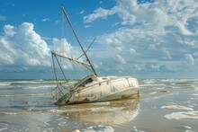 Boat Wreck On The Beach: A Stranded Sailboat Aground. Destroyed And Lost To Ruins By A Hurricane