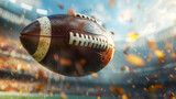 Fototapeta  - An American football caught in flight, moments before a touchdown, with the stadium crowd in a thrilling blur, highlighting the anticipation and excitement of American football