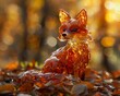 Blown glass fox among autumn leaves, golden hour glow, vivid, detailed texture, realistic , 8K , high-resolution, ultra HD,up32K HD