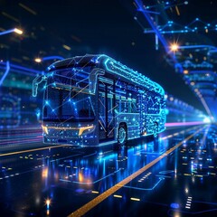 Wall Mural - digital smart  bus  with glowing data streams , artificial intelligence in  public transportation systems, route optimization, passenger safety, and overall efficiency. urban mobility.