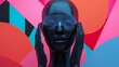 3D render of an abstract geometric collage with a bald female mannequin. Bald head, hands, and abstract gradient shapes appear in the composition...