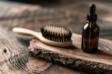 Natural bristle beard brush and amber glass dropper bottle on wooden texture