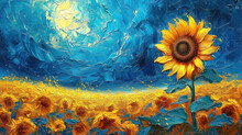 Sunflowers Background, Many Sunflowers In Oil Painting Style Illustration.