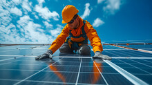 Technician Installing Solar Panels On A Photovoltaic Power Plant