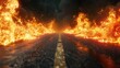 A 3D render of blazing flames and a road on fire over a black background
