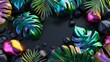 Three-dimensional render, abstract black background with iridescent glass shapes, smooth pebbles and tropical monstera leaves