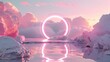 A picture-perfect landscape with water, rocks, mirrors, neon rings, a chrome arch, and clouds on a pink pastel sky. Modern minimal aesthetic wallpaper.