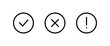 Tick, cross, exclamation mark signs. Green checkmark OK red X, Circle symbols YES NO button for vote, Check box list. line icons set, editable stroke isolated on white, linear 