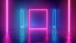 An abstract neon neon background with square frame in 3D. Simple geometric shape, blank banner in 3D.