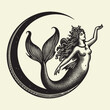 Beautiful mermaid . Engraving vintage vector illustration, monochrome black color. Woodcut
