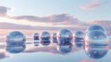 Fototapeta Pokój dzieciecy - In this 3D render, there is an abstract futuristic background, panoramic landscape, fantastic landscape with shiny chrome balls and silver spheres inside the calm water, under a blue gradient sky.