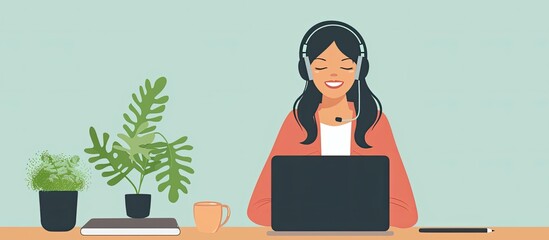 Poster - A woman, sporting eyewear, sits at a desk with a laptop. She enjoys music on her headphones while surrounded by houseplants and a tree in a flowerpot