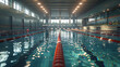 Sunlit swimming pool lanes ready for a race with clear blue water