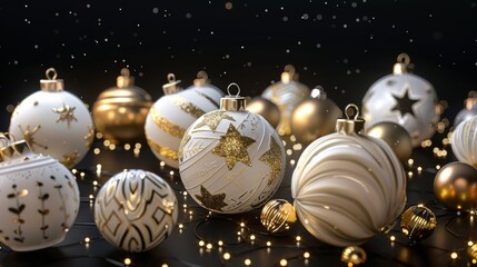 Wall Mural - Christmas ornaments in white and gold, isolated on black background.