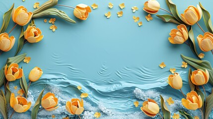 Wall Mural - 3d emblossed  tulips yellow blue lying on a beach ocean waves, text, copy space