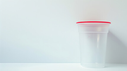 Wall Mural - Clear urine specimen cup with red top. Sterile plastic container for medical use. Concept of health screening, laboratory test, and sample analysis. White backdrop. Banner. Copy space