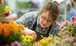 © Muriel - Portrait of a committed employee with Down's syndrome working in florist's shop, nice photograph of a young lady with handicap at work, a flower among flowers, beautiful illustration of inclusivity