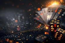 Dice And Poker Chip, Poker Cards Floating, Gambling And Casino Concept.	

