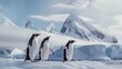 A trio of penguins waddling across the frozen expanse at the foot of an ice mountain, their sleek bodies perfectly adapted to the harsh conditions of the Antarctic wilderness.