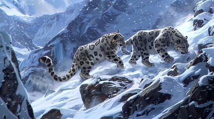 Wall Mural - A pair of snow leopards prowling the rocky slopes of an ice mountain range, their sleek forms blending seamlessly with the frozen landscape as they hunt for prey amidst the rocky terrain.