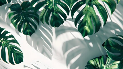 Wall Mural - tropical monstera leaves casting shadows over white. modern botanical photography for minimalist dec
