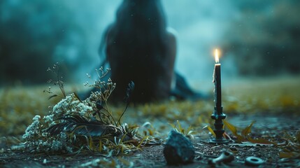 witch with a wreath sits on the ground with candles.