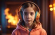 Cute little girl listening to audiobook at home, closeup