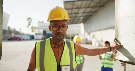 Poster - Construction, worker and man open container on site for working, staff and foreman or builder with helmet. Workplace, employee and male person in logistics industry in warehouse for cargo in storage