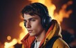 a man wearing headphones is standing in front of a fire