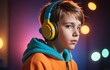 Portrait of cute little boy in headphones listening to music at home