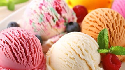 Sticker - Colorful Assortment of Ice Cream Scoops. Sweet Treat Concept. Perfect for Food Blogs and Advertisements. High-Quality, Close-Up Photography. AI