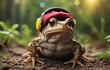 Amphibian frog with headphones and hat sitting on ground