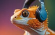 close up of chameleon listening to music with headphones on colorful background