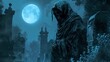 Grim reaper figure, cloaked in tattered shadows, standing in a moonlit cemetery. The skeletal face is partially obscured by a hood, and the composition is dominated by deep, cold blues and blacks.