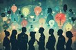 A diverse group of silhouetted individuals, each with a glowing thought bubble containing symbols of innovation, collaboration, and discovery.