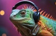 Scaled reptile, listening to music with headphones