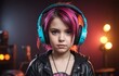 beautiful young girl with pink hair listening to music in the city