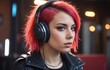 A redhaired woman in a leather jacket wears headphones for cool entertainment
