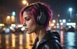 Beautiful young woman with pink hair listening to music in the rain