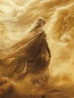 Solitary Figure in Cloak Facing Sandstorm